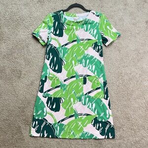 New Persifor Short Dress Women Small Green Pink Palm Leaves Stretch Preppy
